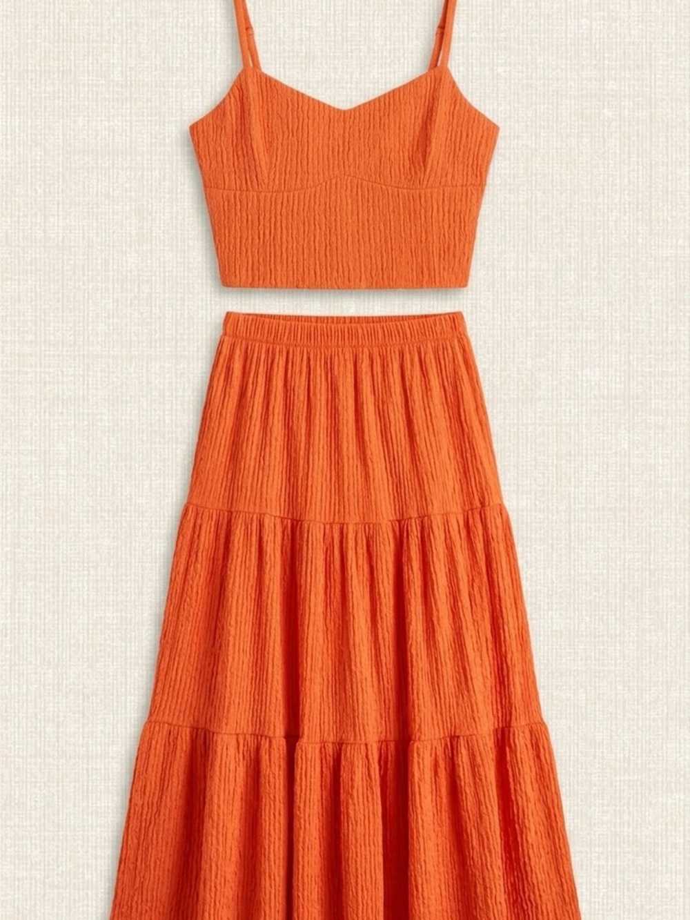 SHEIN Orange Set Tiered Maxi Skirt with T Top Textured Fabric